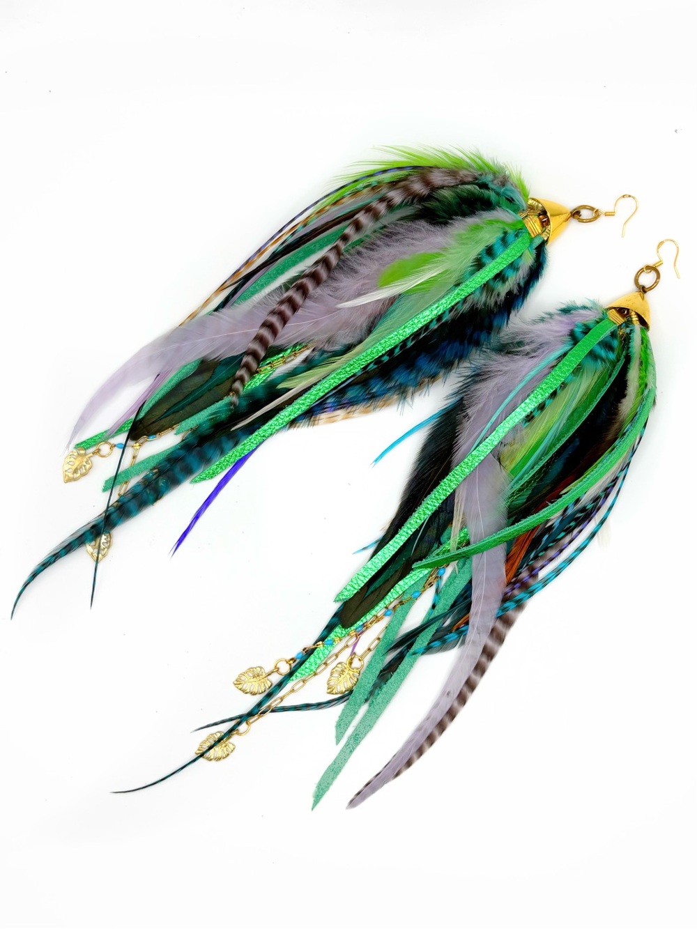 Green Feather & Leather Monstera Dangle Earrings